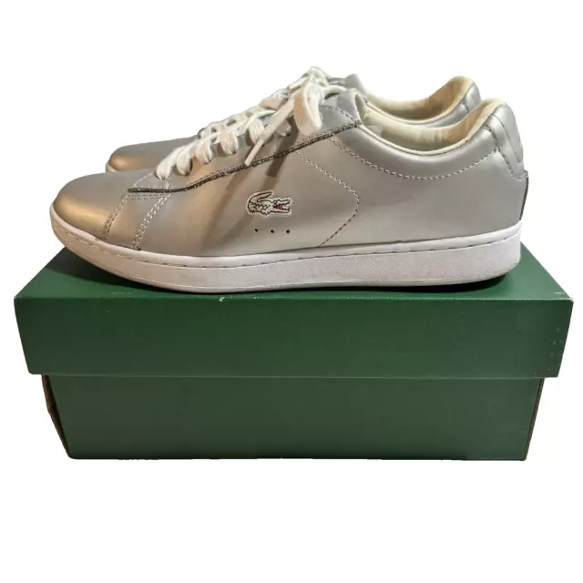 Lacoste Leather Carnaby Evo 117 3 SPW Ladies AU 7 Satin Silver Lace Up Sneakers