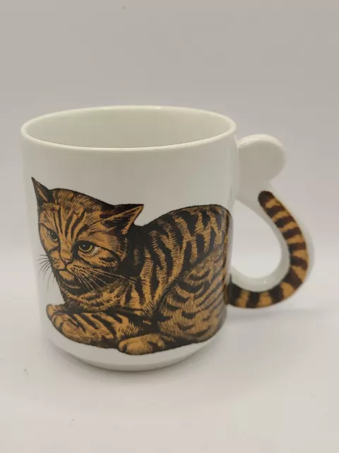 Vintage Cat Mug w/ Tail Handle 3D Japan Orange Tiger Striped Tabby Coffee Cup