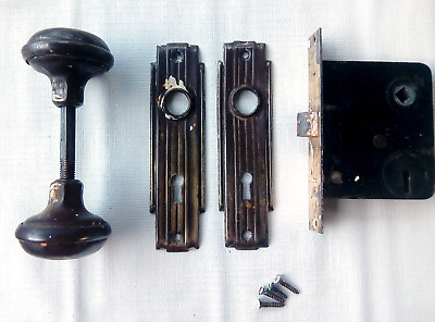 Antique Art Deco Doorknob Set with Mortise Lock Back Plates and Screws