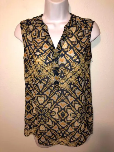 A.N.A. ana womens S - Golden Tan Navy print - SHEER TUNIC TANK TOP blouse