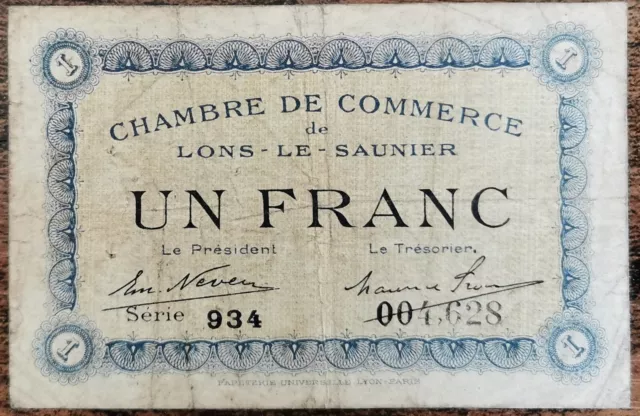 Billet 1 franc Chambre de commerce de Lons le Saunier 1920 nécessité série 934