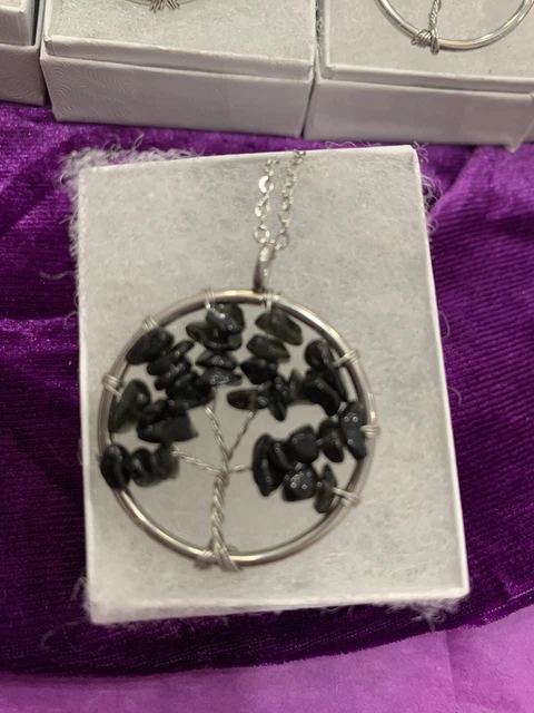 Pendant Necklace Natural Gemstone Tree of Life Black Obsidian