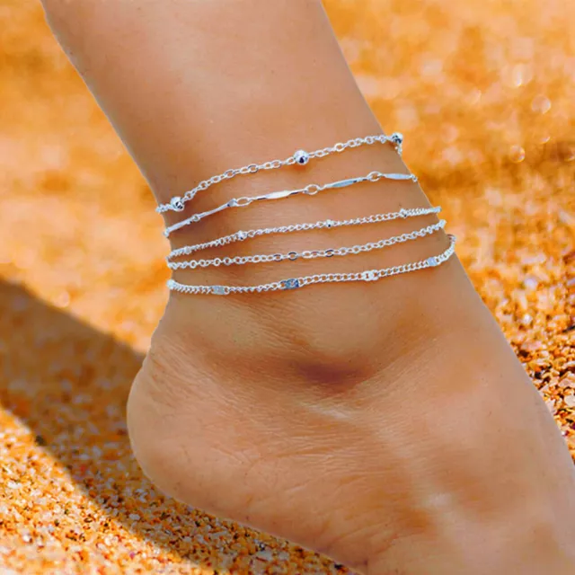 5 Pièces/Ensemble Bracelet De Cheville En Argent Chaîne De Pied Femmes ✿