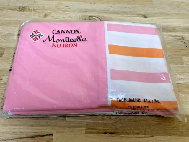 vintage pillowcases NEW CANNON MONTICELLO NO-IRON 50s 60s 70s pink orange stripe