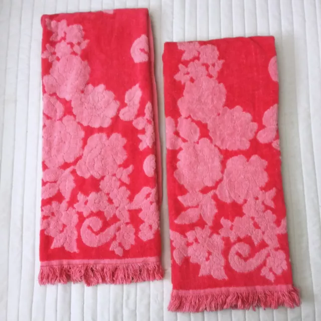 Vintage Cannon Monticello Pink Floral Bath Towels Midcentury Fringe Hem Set Of 2