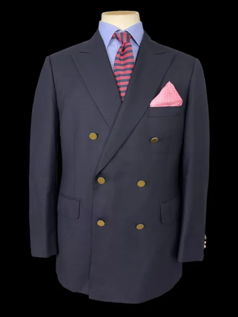 Gieves & Hawkes Double Breasted Blazer 42S Navy Gold Tone Buttons Peak Lapels