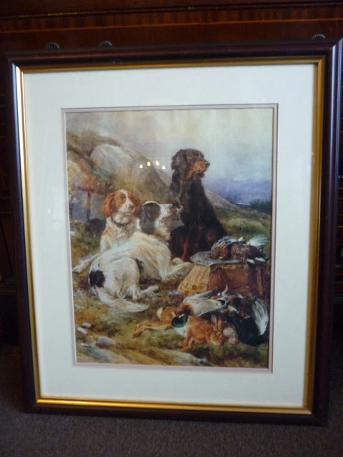 Gordon and English Setters with ducks, grouse, dog print mounted and framed