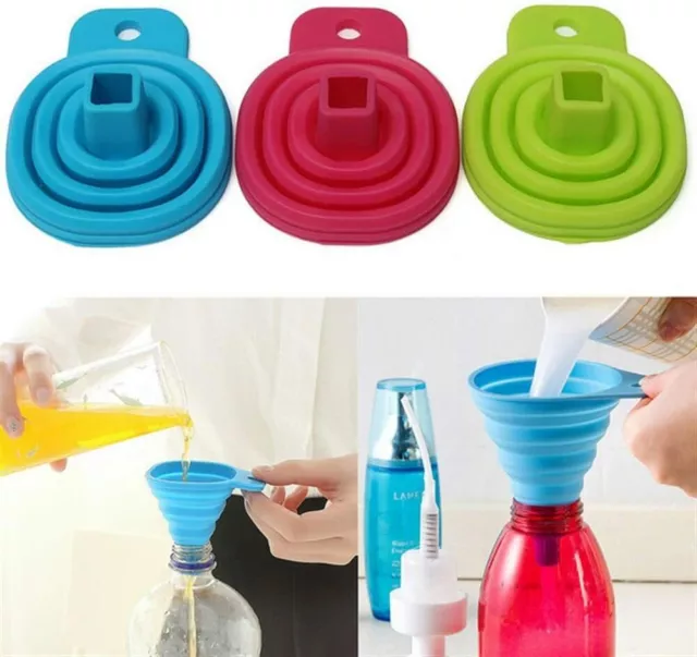 2 Pack Collapsible Silicone Hopper Kitchen Gadget Foldable Liquid Funnel 3 Color