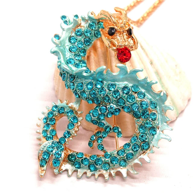 Hot Blue Enamel Bling Rhinestone Chinese Dragon Betsey Johnson Chain Necklace