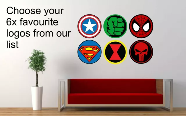 SUPERHERO LOGOS badges wall stickers Superman Batman Spiderman Flash boy bedroom