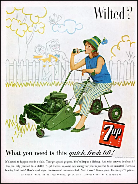 1962 Woman unusual Lawn mower 7 Up Cola Wilted? 7up retro photo print ad L83
