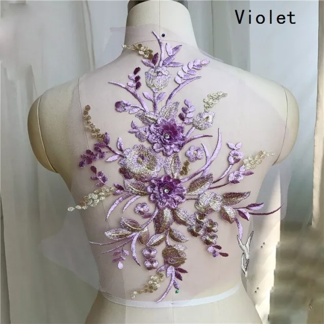 1 Pair Lace Applique Embroidery 3D Flower Sew On Patch Badge Wedding Dress Gown