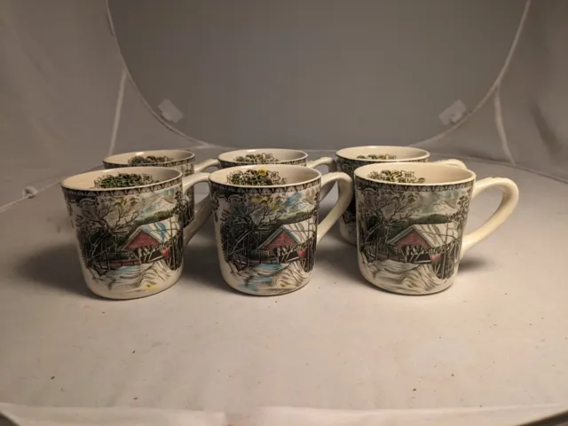 Set Of 6, The Friendly Village Mugs Johnson Brothers England Covered Bridge