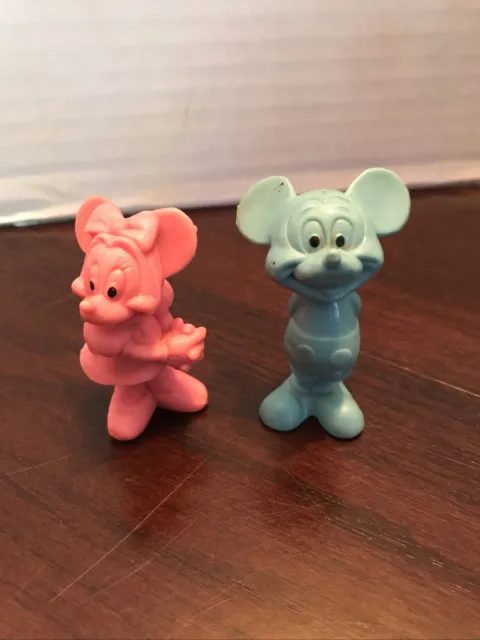 Vintage Disney Minnie & Mickey Mouse Blue Pink Rubber Figures Hong Kong 2 1/4”