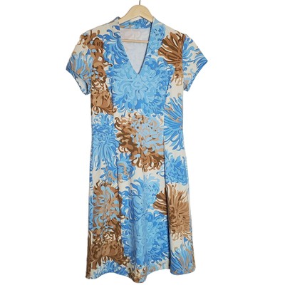 J. McLaughlin Small Ivana V-neck Dress Short Sleeve Blue Brown Floral Catalina