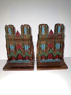 NOTRE-DAME CATHEDRAL BRONZE PAINTED ANTIQUE BOOKENDS Rheims, Gothic,