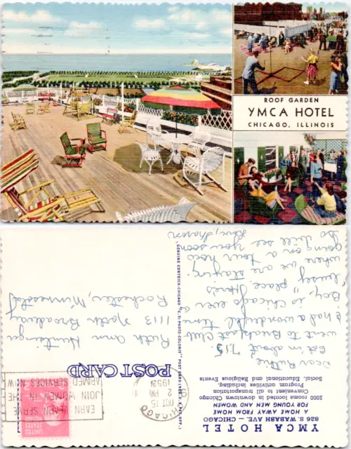 YMCA Hotel Chicago Illinois Roof Garden 1953 Linen Fancy Cancel Vintage Postcard