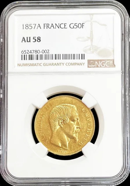1857 A Gold France 50 Francs Napoleon Iii Coin Paris Mint Ngc About Unc 58