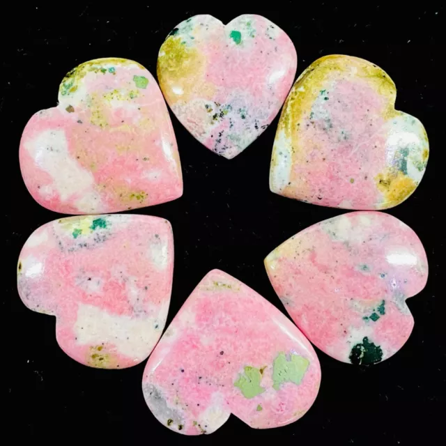 6 Pcs Natural Rhodonite 29-31mm Heart Shape Loose Cabochon Gemstones 316.15 Cts