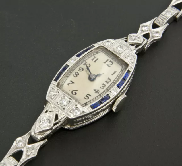 Ladies Art Deco Diamond, Sapphire, 18k White Gold and Platinum Watch