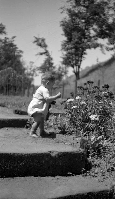 Portrait jeune femme avec enfant bébé jardin - ancien négatif