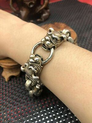 Asian chinese old miao silver hand cast dog statue bracelet Jewelry cool gift