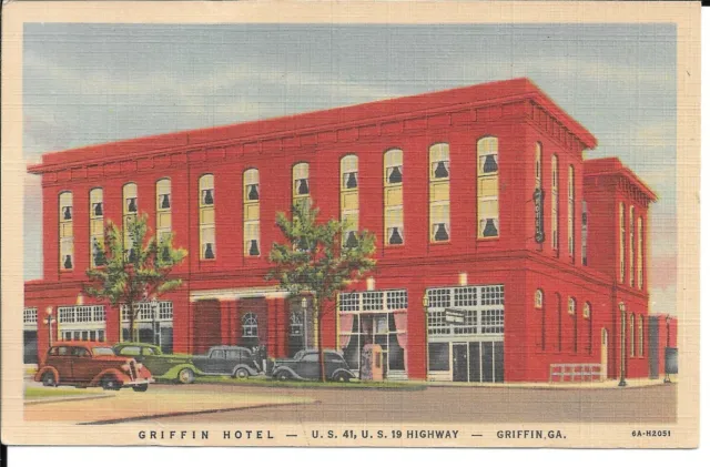 Vintage Unused Linen Postcard GRIFFIN HOTEL, Griffin, Georgia, GA, Old Cars