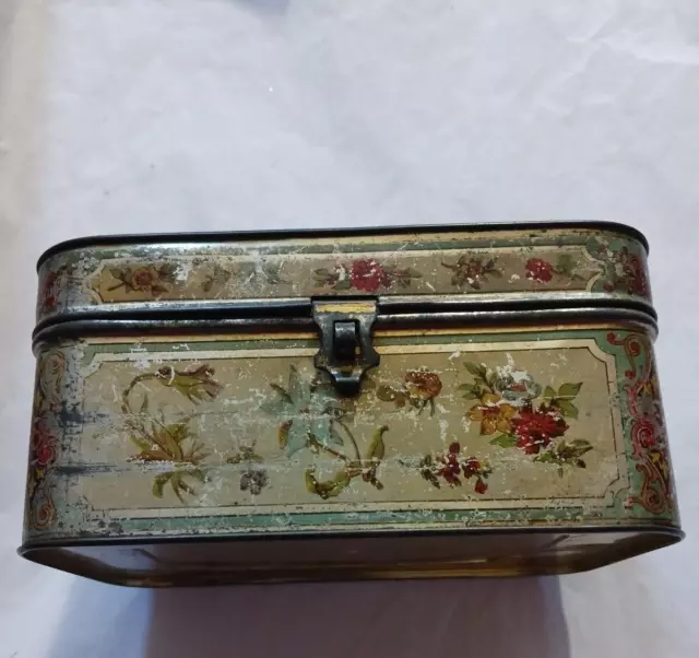 Antique Litho Tin Spices Container With Latch On Front & Floral Designed Sides +
