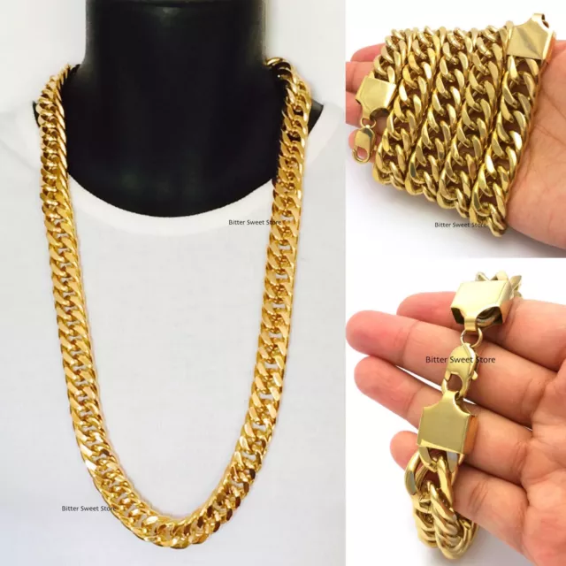 SOLID GOLD FINISH STAINLESS STEEL 15mm MIAMI CUBAN CHAIN NECKLACE HIP HOP
