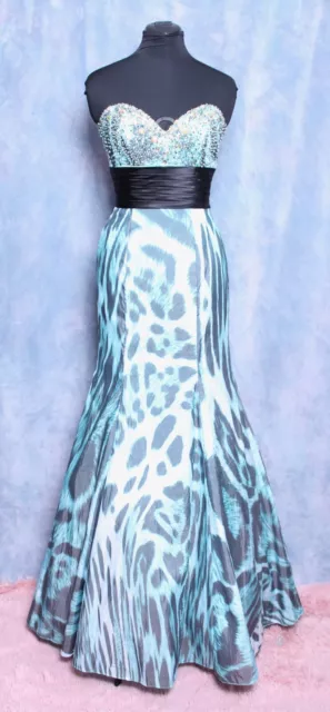 Precious Formals Aqua Animal Print Bling Gems Taffeta Prom Formal Gown Dress 6