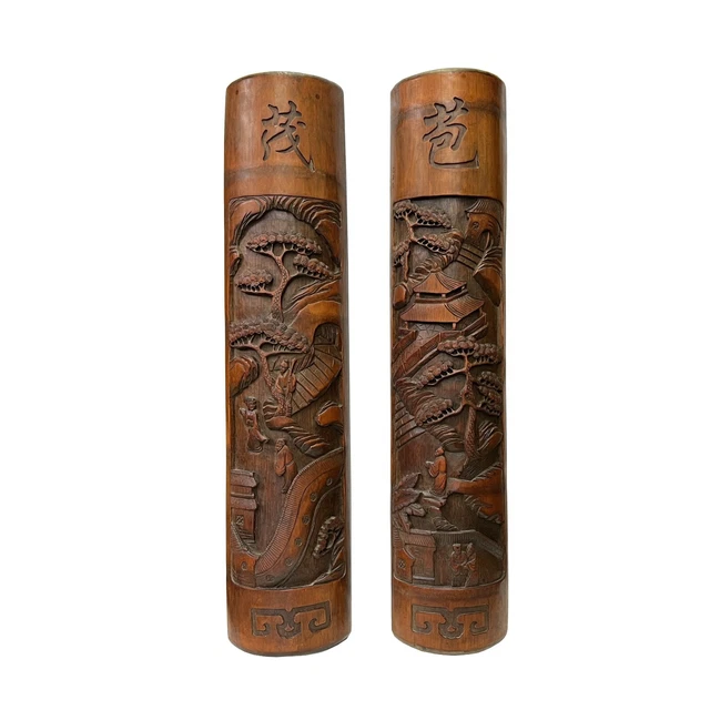 Pair Hand Carved Chinese Bamboo Calligraphy Landscape Panel ws3048S
