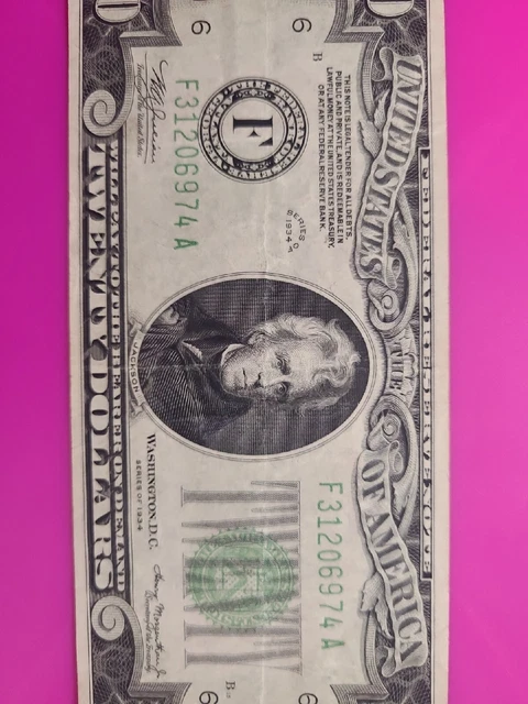 1934 Federal Reserve Note Green Seal $20 Twenty Dollar Note Bill Currency 3