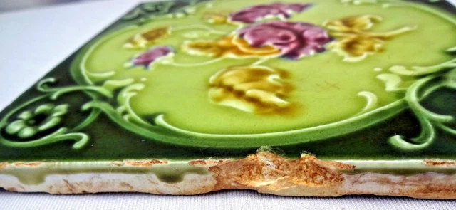 Antique Tile Majolica Art Nouveau England Rose Purple Architecture Floral #172 3
