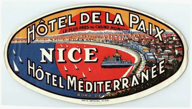 Hotel De La Paix Mediterranee Nice Luggage Label Vtg Sticker Stamp France