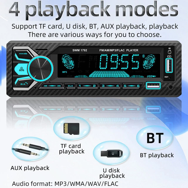 12V Single DIN Car Stereo Radio Receiver Bluetooth MP3 USB AUX with APP Control