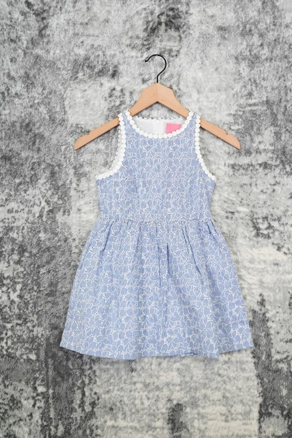 New Lilly Pulitzer Blue Floral Eyelet Striped Sleeveless Dress Size Girls 7