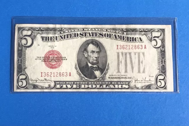 1928 F $5 FIVE DOLLAR UNITED STATES  BANKNOTE  RED SEAL  VF+++ ON SALE!!  (c433)