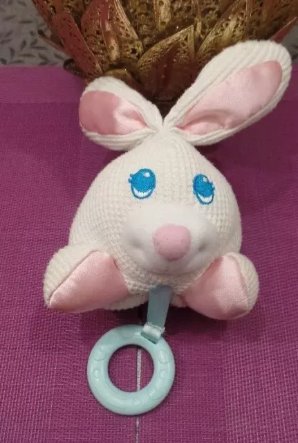 B16G / doudou peluche lapin crème rose yeux anneau bleu FISHER PRICE vintage