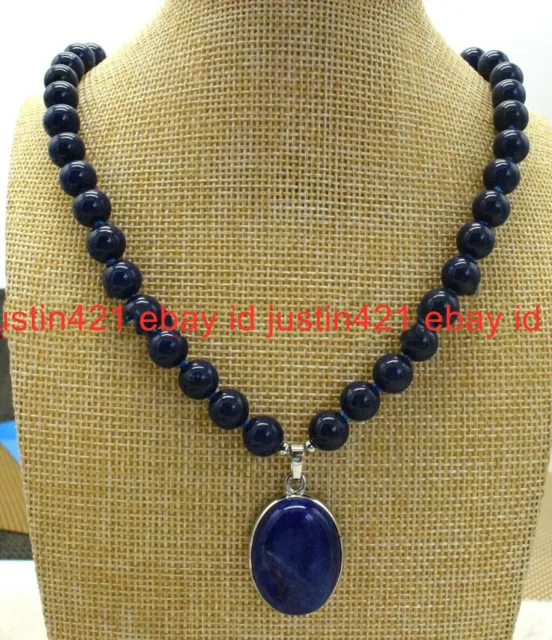 Natural Blue 10mm Round Lapis lazuli Gemstone+Pendant Necklace 18''AAA