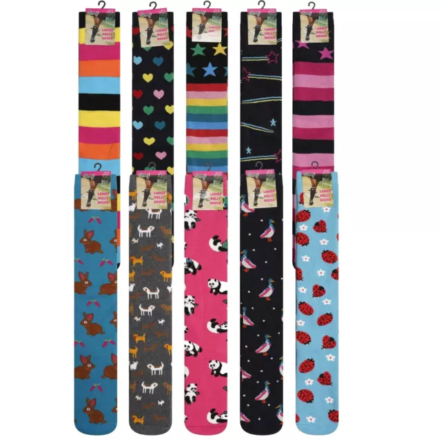 5 Pairs Ladies Novelty Cushioned Cotton Long Warm Welly Wellington Boot Socks