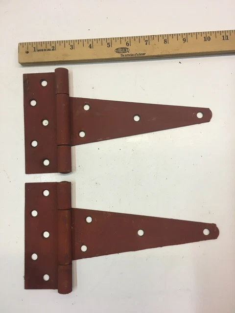2 Vintage 10'' Farm Barn Door Gate Hand Forged Strap Hinges Great Red Patina