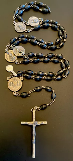 Medallas de San Rosario de celuloide negro acanaladas 1975 vintage, crucifijo Italia