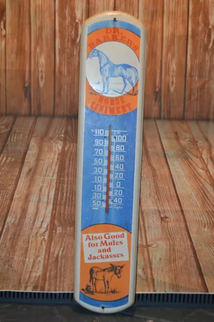 Vintage 1950s Dr.Barker's Horse Liniment Farm Gas Oil Thermometer Sign 39"x8"