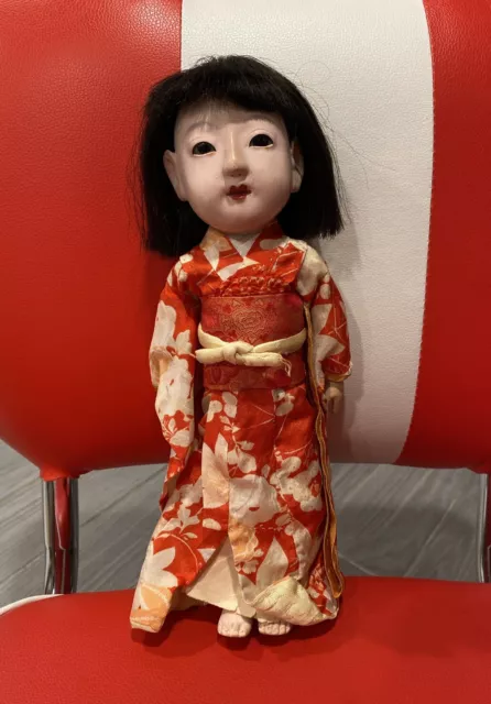 1930's Japanese Ichimatsu Torey Ninguo Gofun Girl Doll Silk Kimono 13”s Vintage