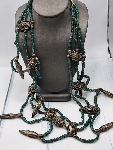 Vintage Tribal Green Beaded Silver Tone 3 Strand Boho Necklace 18"
