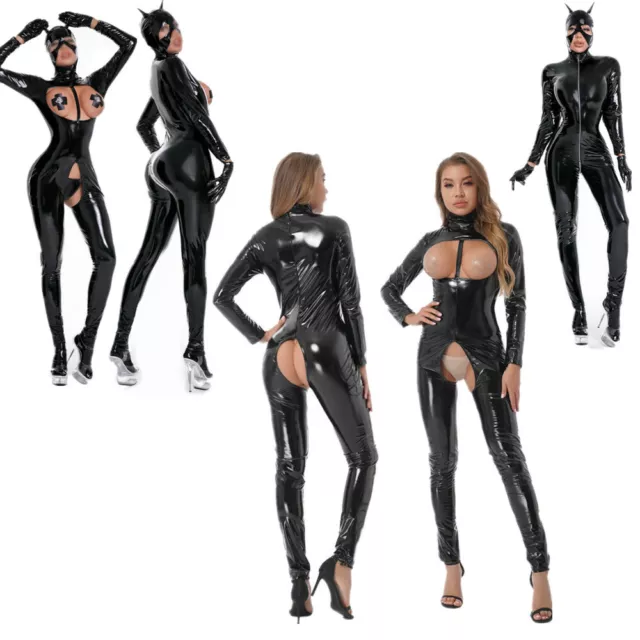 Sexy Women PVC Leather Tight Bodysuit Leotard Clubwear Hollow Out Latex Jumpsuit