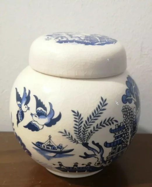 13710)11cm tall blue & white ceylon tips tea caddy Finest Staffs Pottery w lid