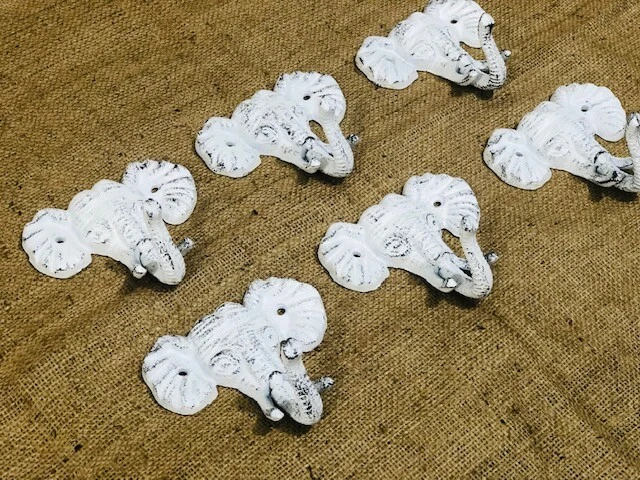 6 Cast Iron Elepahnt Head Hooks Coat Key Rustic Entry Way Hall Tree Decor White