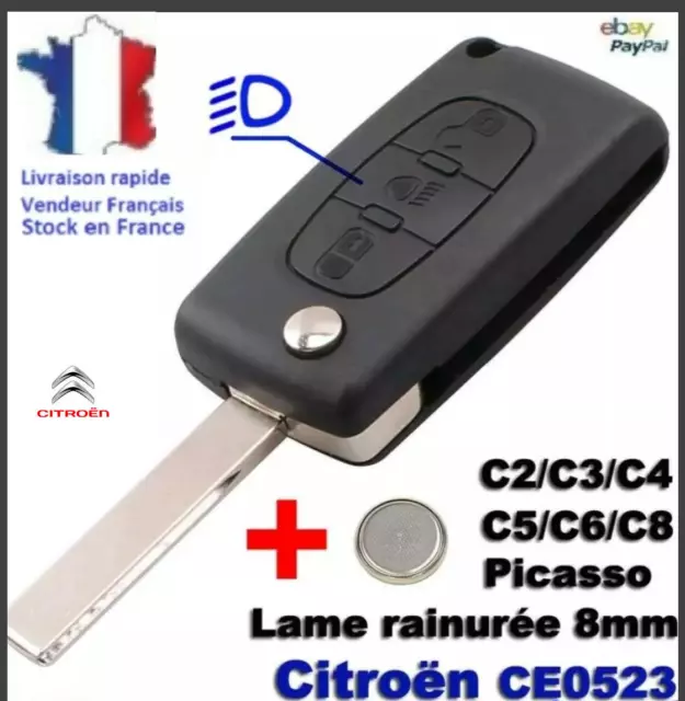 Coque clé plip boitier 3 boutons (phare) Citroën C4-C5-C6-C4 picasso, REF:CE0523