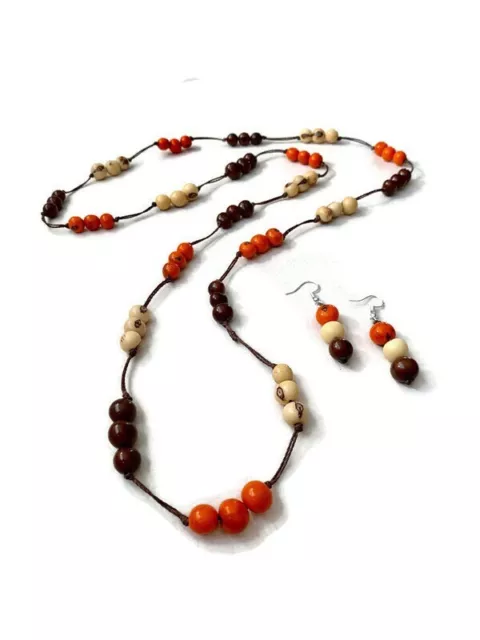 Long Tagua Nut Necklace and Earrings in Orange, Beige, Brown Tagua Necklace T634